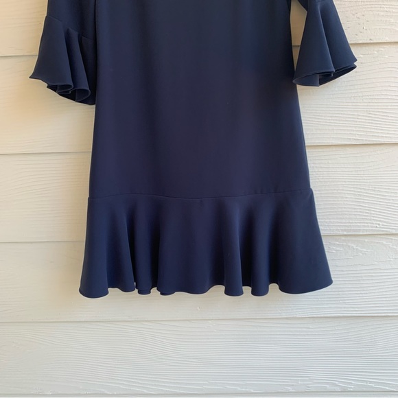 Sail to Sable Navy Blue Shift Dress size 2 M flared 3/4 Sleeves Zipper Ruffled - Picture 3 of 11
